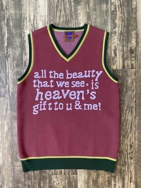 Heaven by Marc Jacobs Burgundy V-Neck Knit Sweater Vest with lavender Script